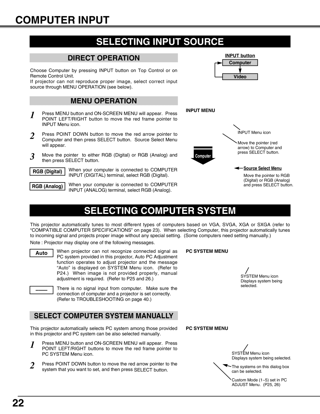 Christie Digital Systems 38-viv003-01 user manual Computer Input, Selecting Input Source, Selecting Computer System, Auto 