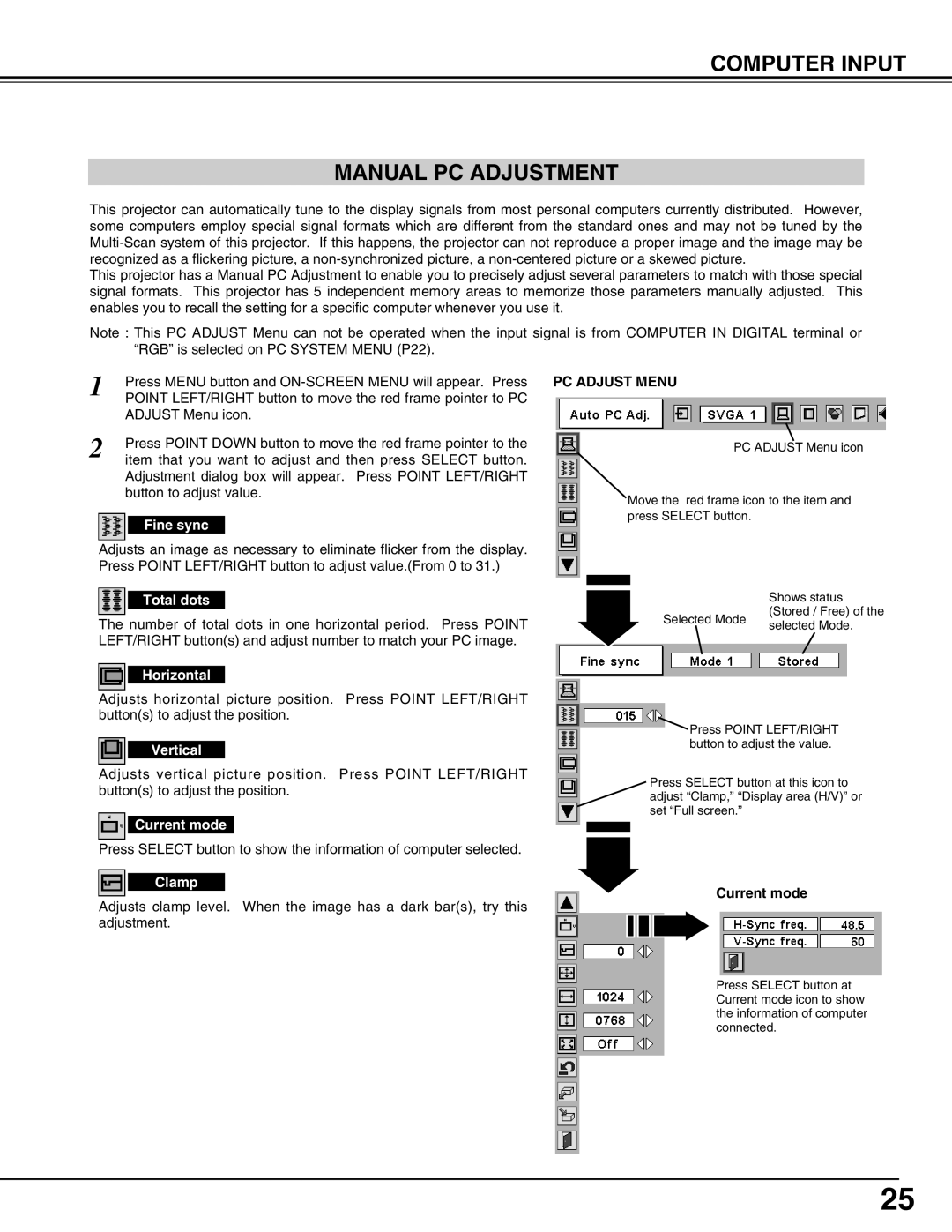 Christie Digital Systems 38-viv003-01 user manual Computer Input Manual PC Adjustment 