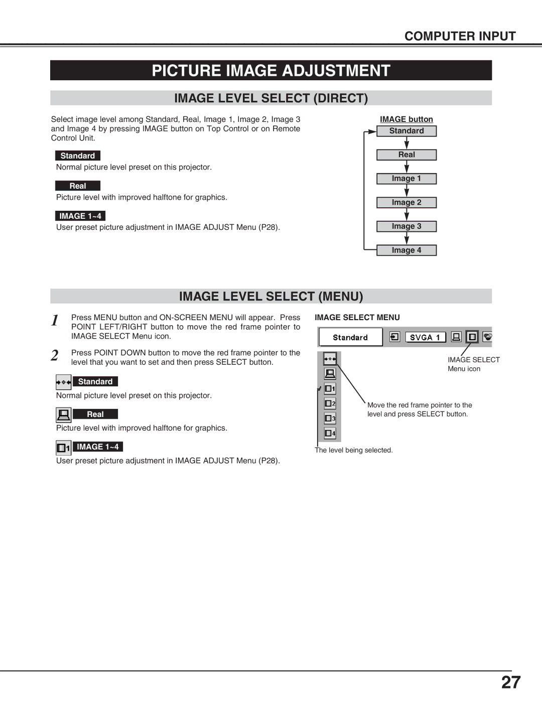 Christie Digital Systems 38-viv003-01 Picture Image Adjustment, Image Level Select Direct, Image Level Select Menu 