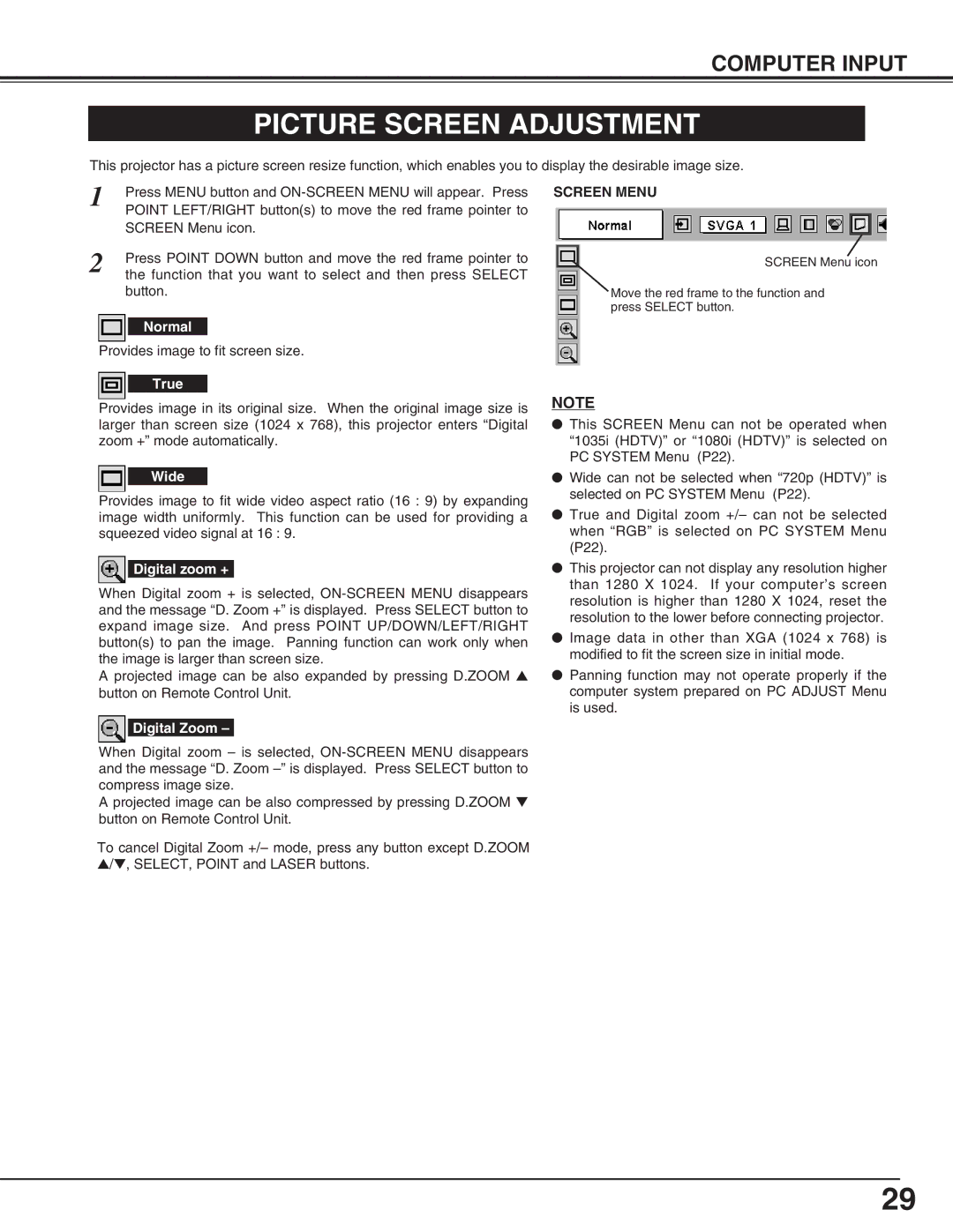 Christie Digital Systems 38-viv003-01 user manual Picture Screen Adjustment, Screen Menu 