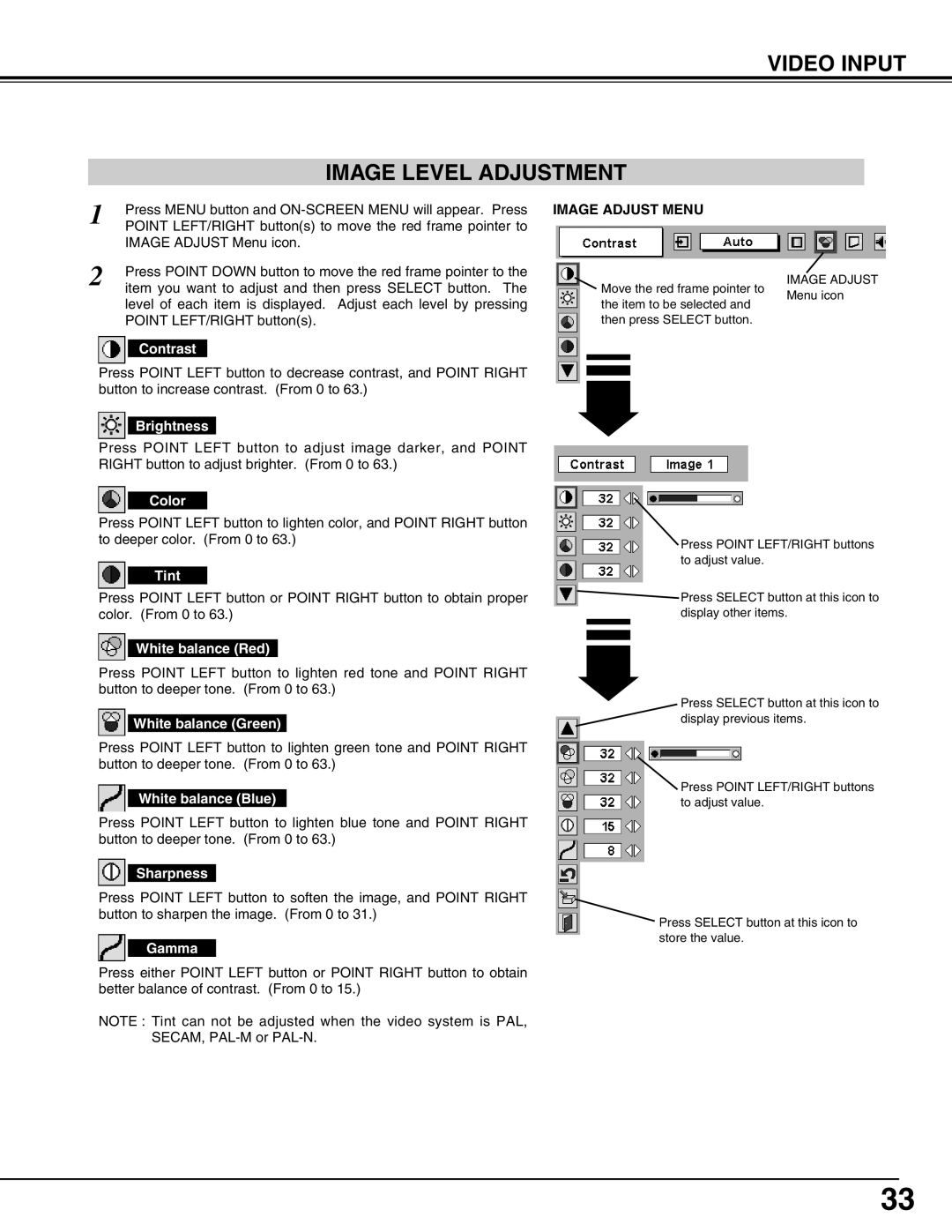 Christie Digital Systems 38-viv003-01 user manual Video Input Image Level Adjustment, Color, Tint, Sharpness 