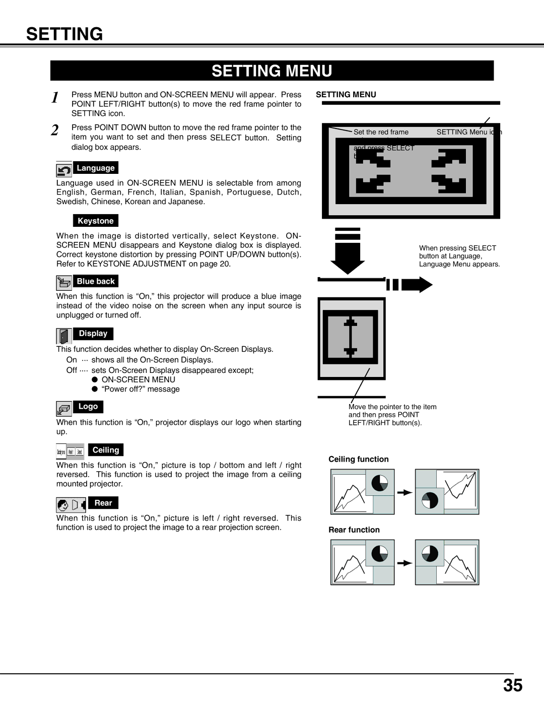 Christie Digital Systems 38-viv003-01 user manual Setting Menu 