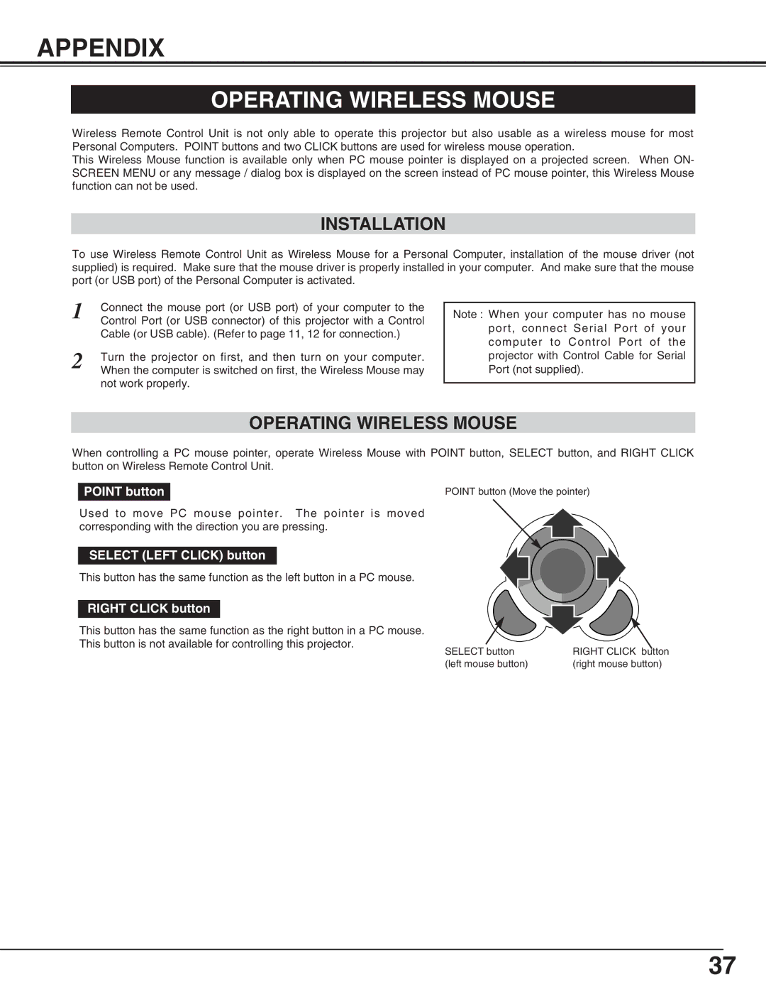 Christie Digital Systems 38-viv003-01 user manual Appendix, Operating Wireless Mouse, Installation 