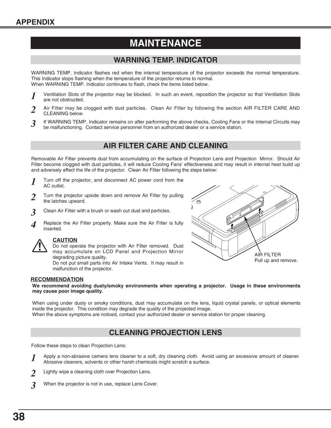 Christie Digital Systems 38-viv003-01 user manual Maintenance, AIR Filter Care and Cleaning, Cleaning Projection Lens 