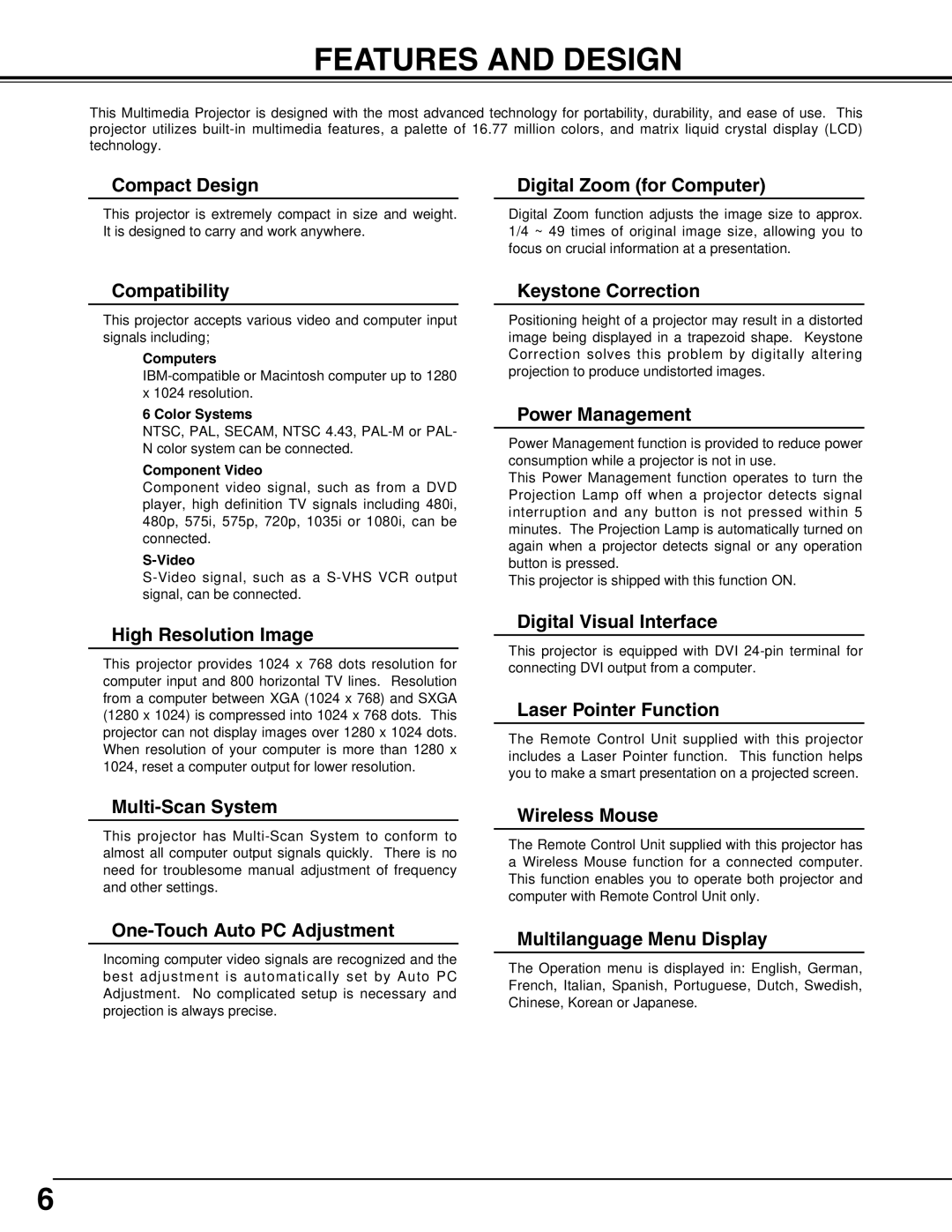 Christie Digital Systems 38-viv003-01 user manual Features and Design, Compact Design Digital Zoom for Computer 