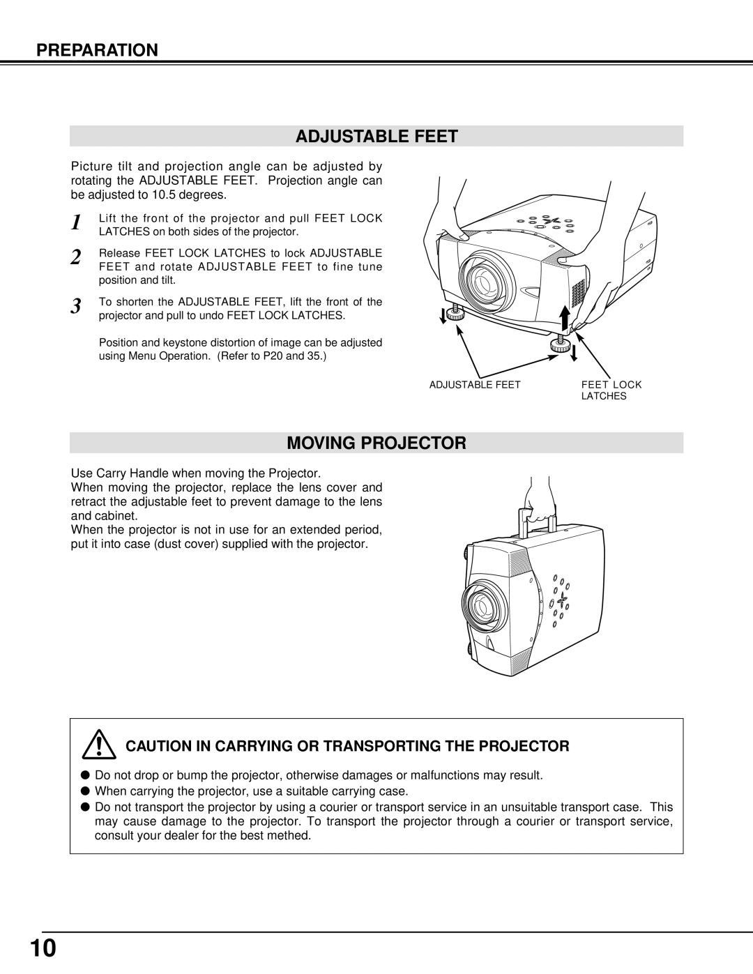 Christie Digital Systems 38-VIV202-01 user manual Preparation Adjustable Feet, Moving Projector 