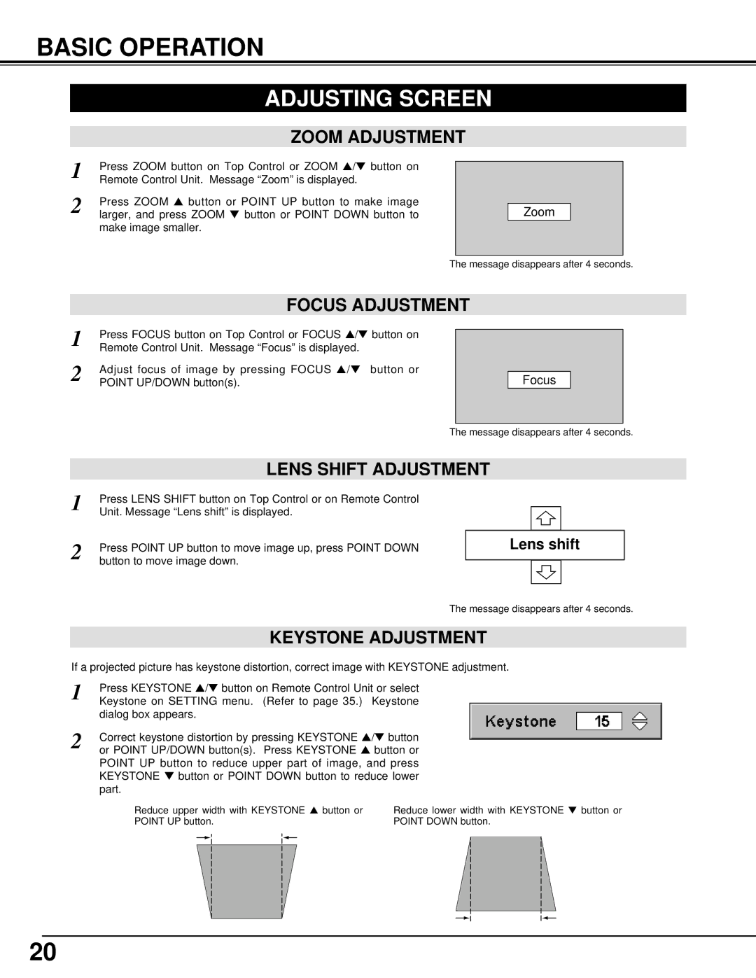 Christie Digital Systems 38-VIV202-01 user manual Basic Operation, Adjusting Screen, Zoom Adjustment, Lens Shift Adjustment 