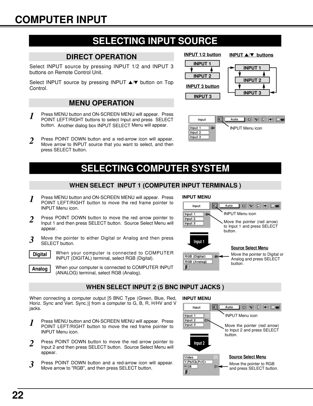 Christie Digital Systems 38-VIV202-01 Computer Input, Selecting Input Source, Selecting Computer System, Input Menu 