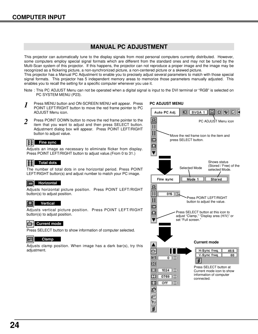 Christie Digital Systems 38-VIV202-01 user manual Computer Input Manual PC Adjustment 