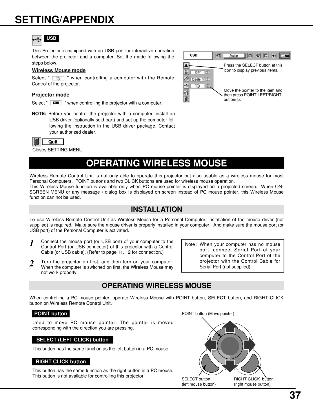 Christie Digital Systems 38-VIV202-01 user manual Setting/Appendix, Operating Wireless Mouse, Installation 