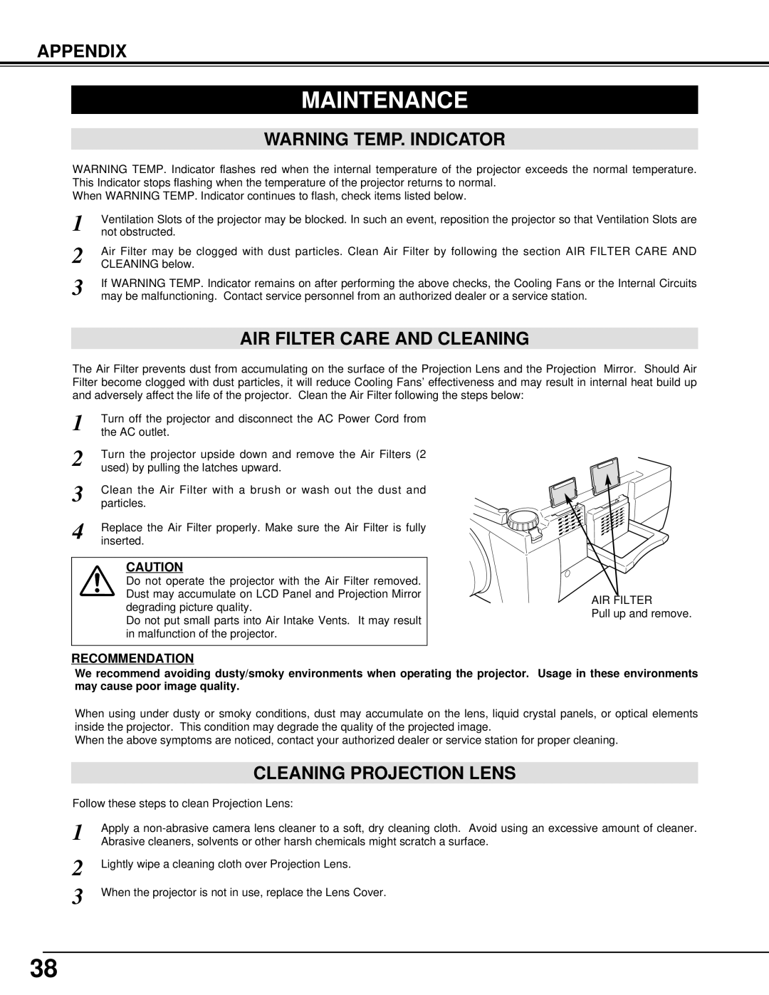 Christie Digital Systems 38-VIV202-01 user manual Maintenance, AIR Filter Care and Cleaning, Cleaning Projection Lens 