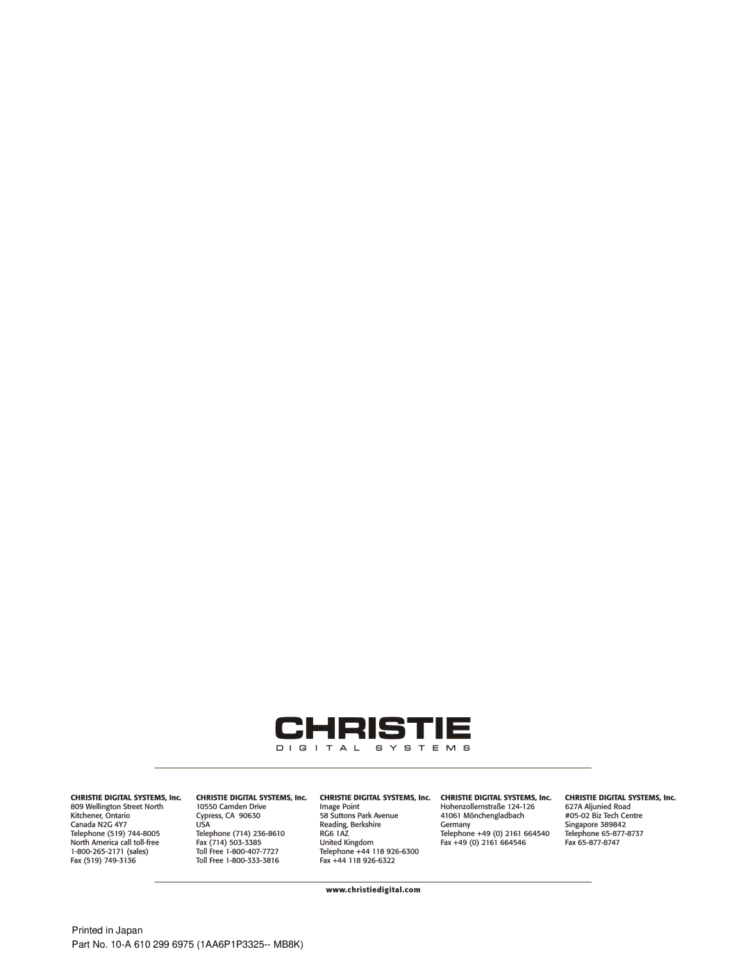 Christie Digital Systems 38-VIV202-01 user manual Part No -A 610 299 6975 1AA6P1P3325-- MB8K 