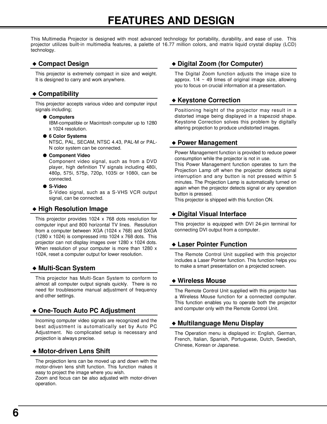 Christie Digital Systems 38-VIV202-01 user manual Features and Design, Compact Design Digital Zoom for Computer 