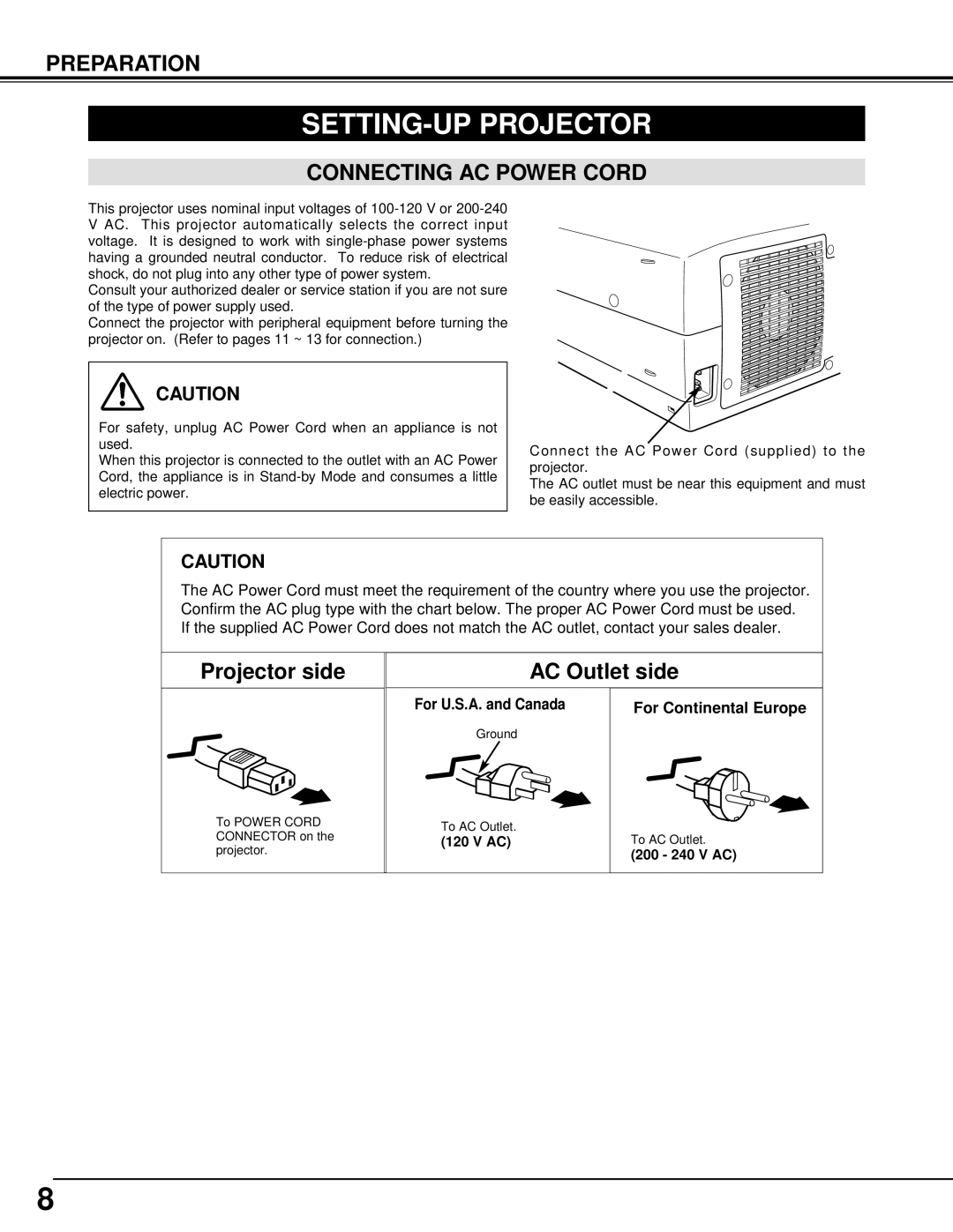 Christie Digital Systems 38-VIV202-01 user manual SETTING-UP Projector, Connecting AC Power Cord 