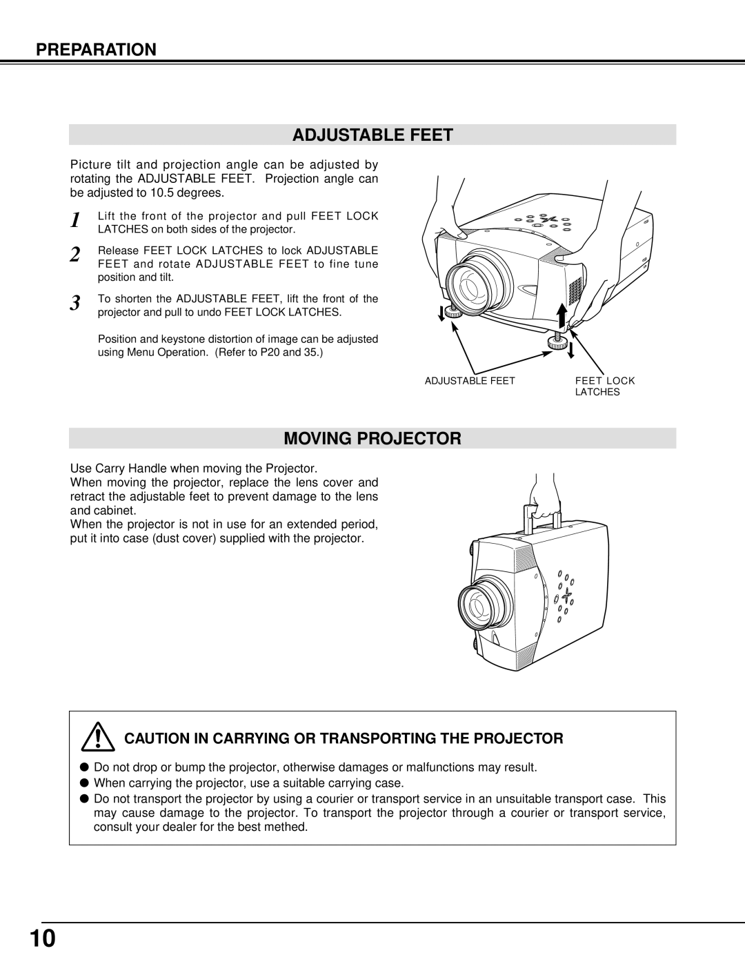 Christie Digital Systems 38-VIV204-01 user manual Preparation Adjustable Feet, Moving Projector 