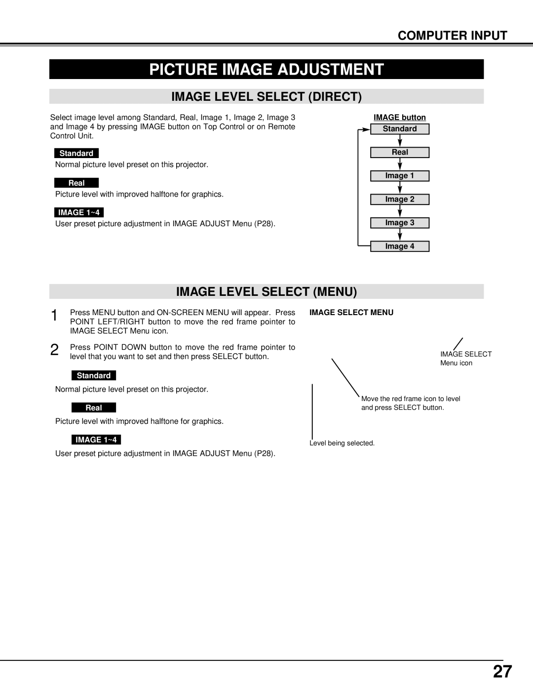 Christie Digital Systems 38-VIV204-01 Picture Image Adjustment, Image Level Select Direct, Image Level Select Menu 