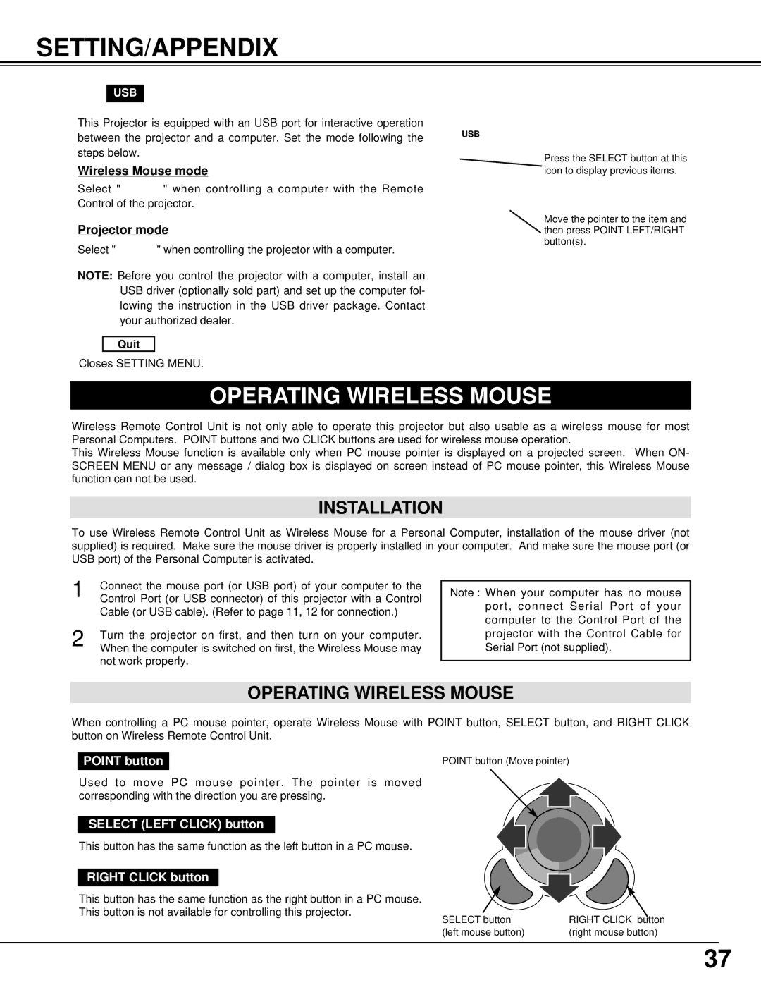 Christie Digital Systems 38-VIV204-01 user manual Setting/Appendix, Operating Wireless Mouse, Installation 