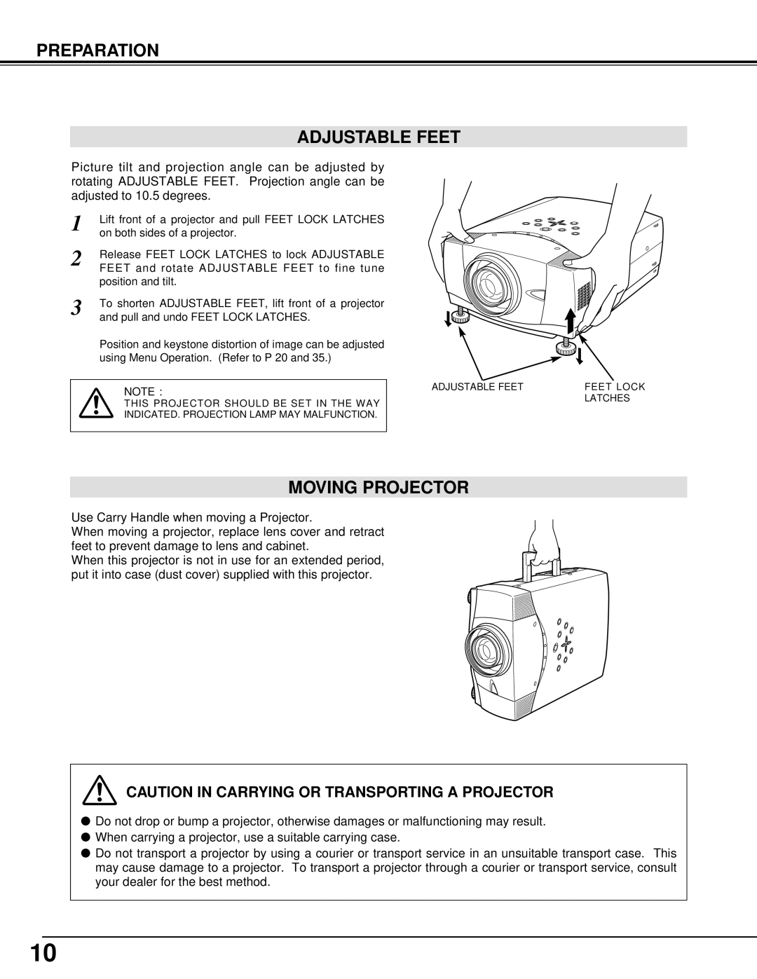 Christie Digital Systems 38-VIV205-01 user manual Preparation Adjustable Feet, Moving Projector 