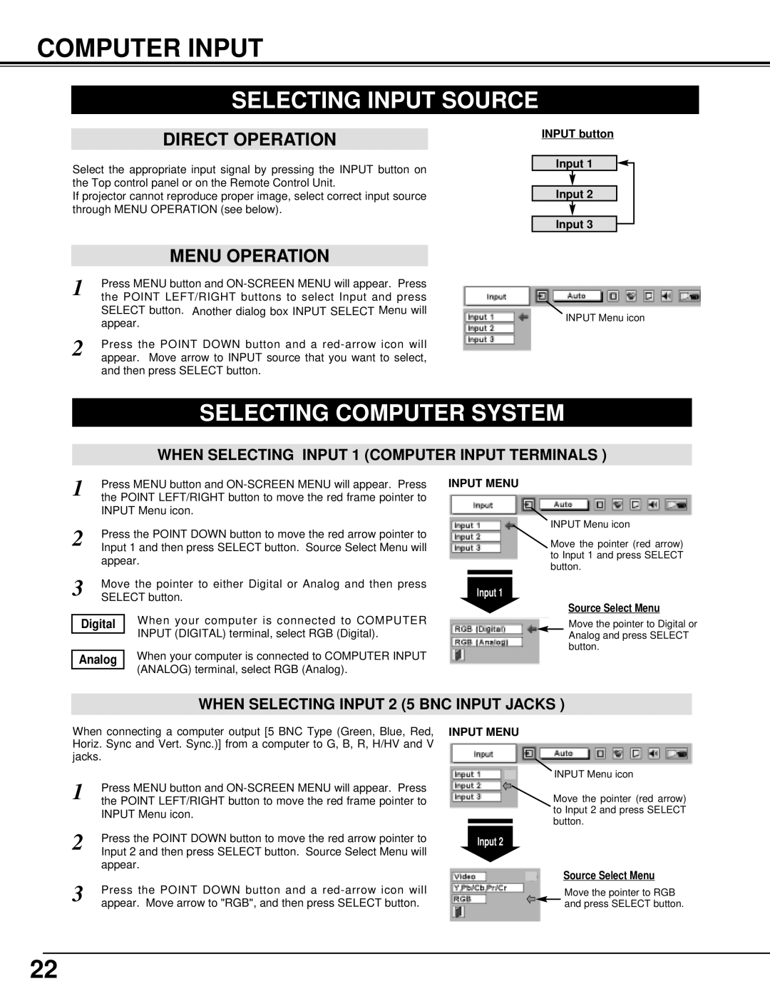 Christie Digital Systems 38-VIV205-01 Computer Input, Selecting Input Source, Selecting Computer System, Input Menu 