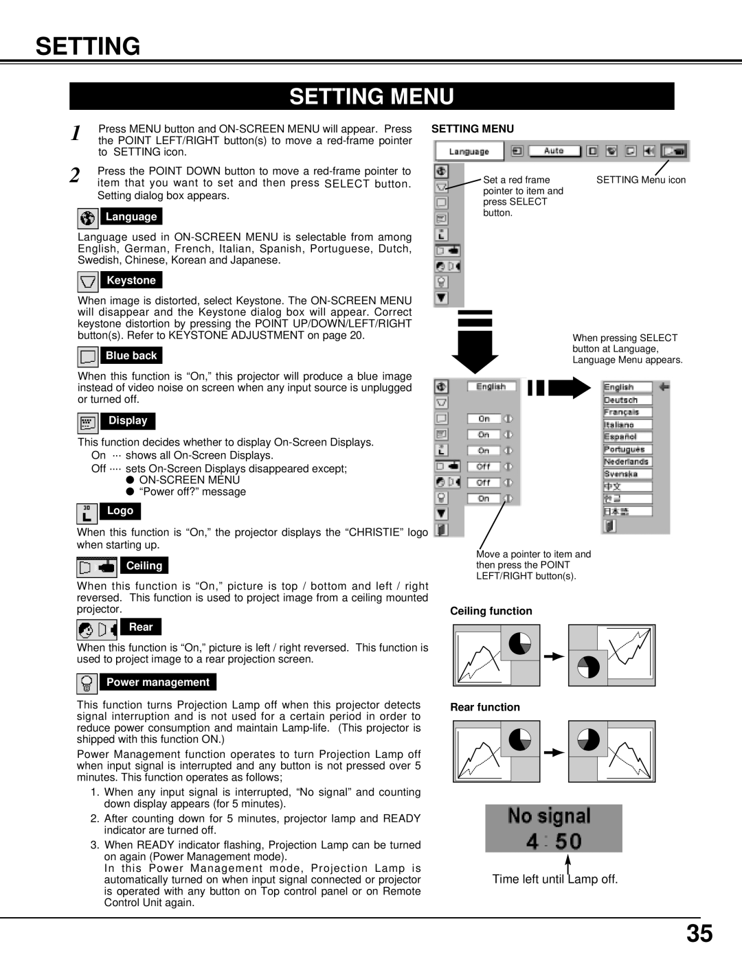 Christie Digital Systems 38-VIV205-01 user manual Setting Menu 