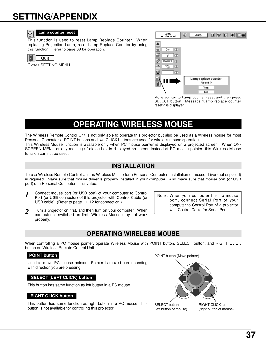 Christie Digital Systems 38-VIV205-01 Setting/Appendix, Operating Wireless Mouse, Installation, Lamp counter reset 