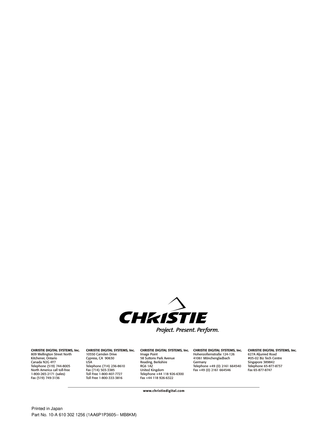 Christie Digital Systems 38-VIV205-01 user manual Part No -A 610 302 1256 1AA6P1P3605-- MB8KM 