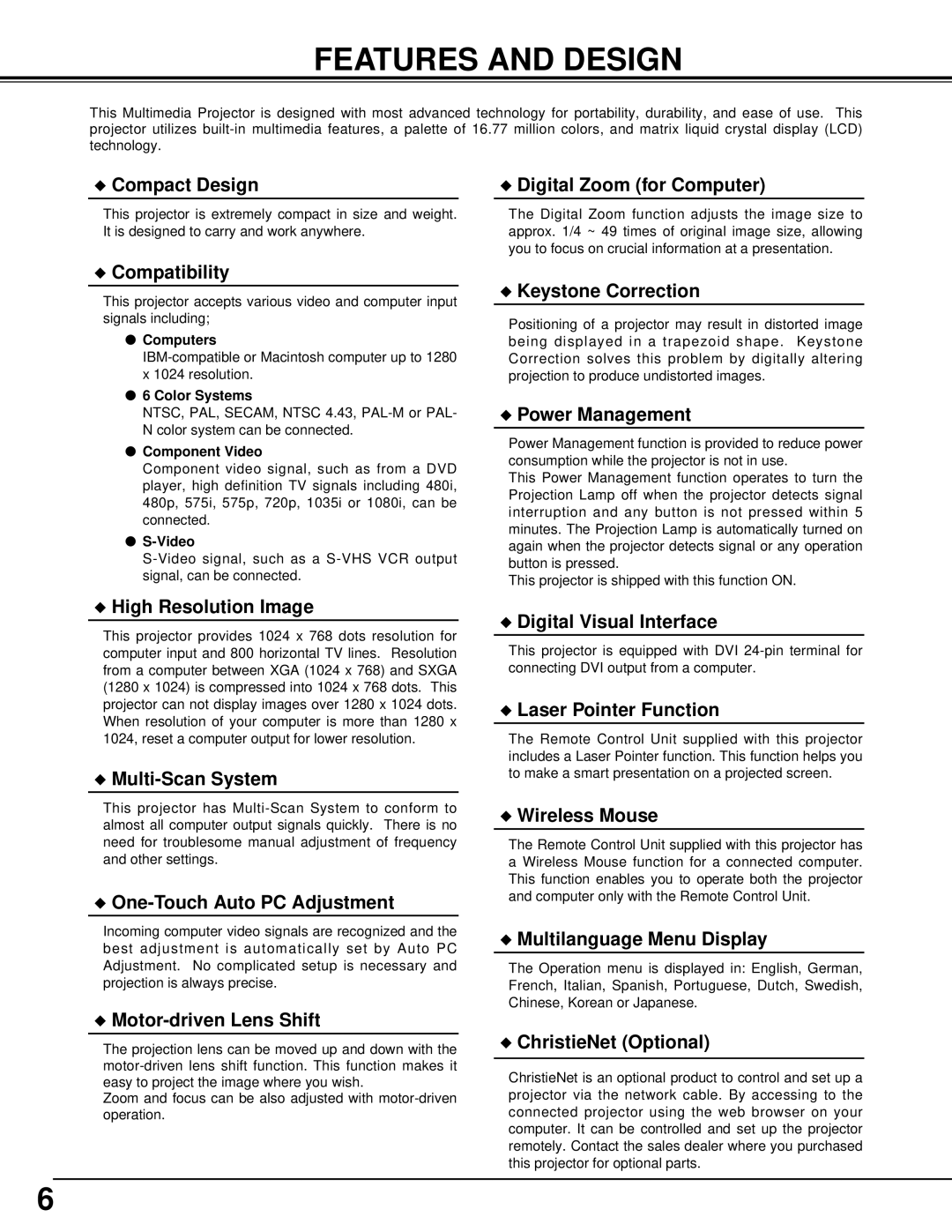 Christie Digital Systems 38-VIV205-01 user manual Features and Design, Compact Design Digital Zoom for Computer 