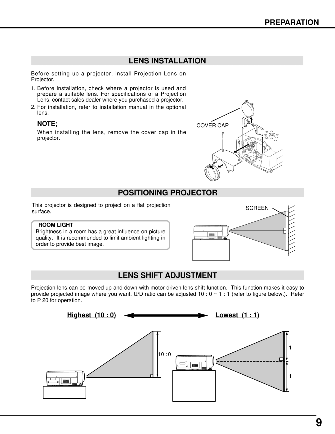 Christie Digital Systems 38-VIV205-01 Preparation Lens Installation, Positioning Projector, Lens Shift Adjustment 