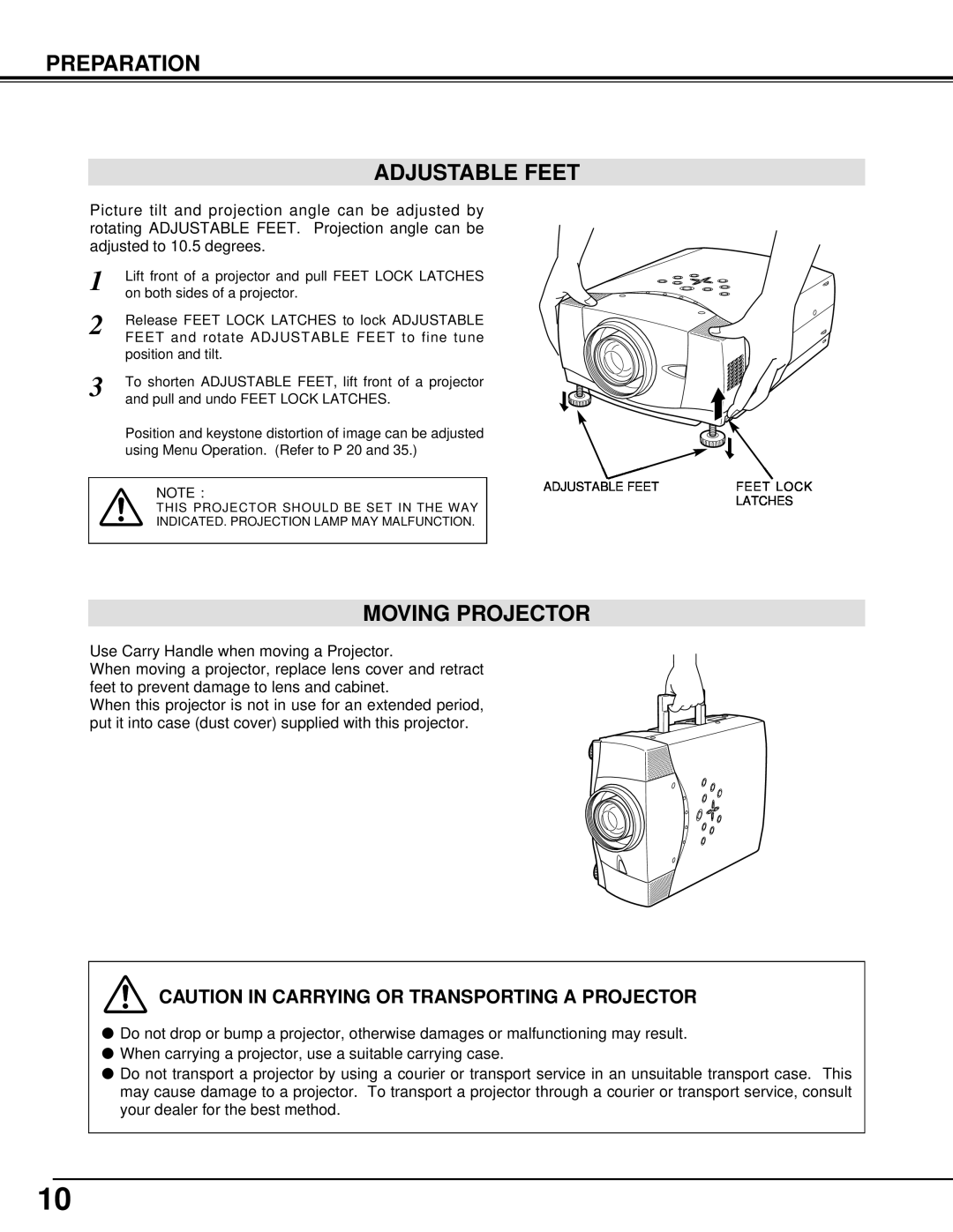 Christie Digital Systems 38-VIV205-01 user manual Preparation Adjustable Feet, Moving Projector 