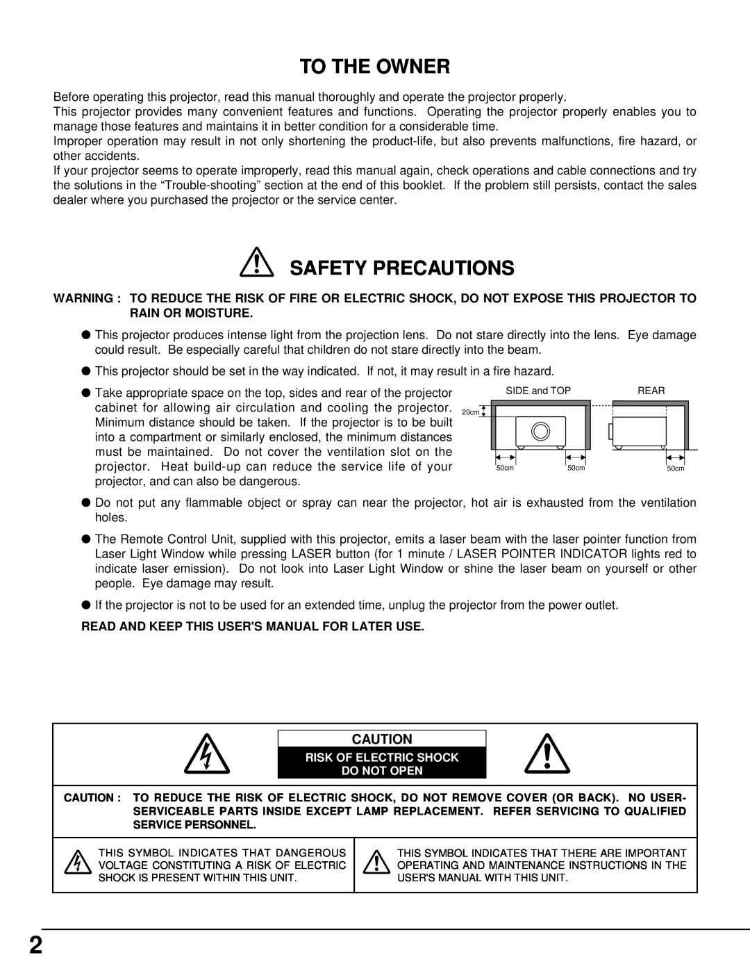 Christie Digital Systems 38-VIV205-01 To The Owner, Safety Precautions, Read And Keep This Users Manual For Later Use 
