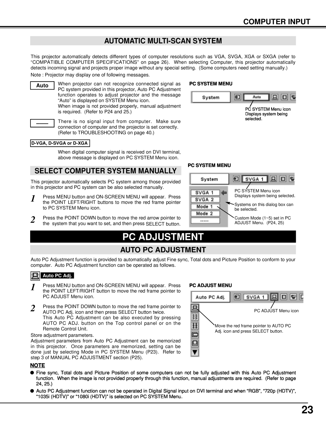 Christie Digital Systems 38-VIV205-01 Computer Input Automatic Multi-Scan System, Auto Pc Adjustment, Pc System Menu 