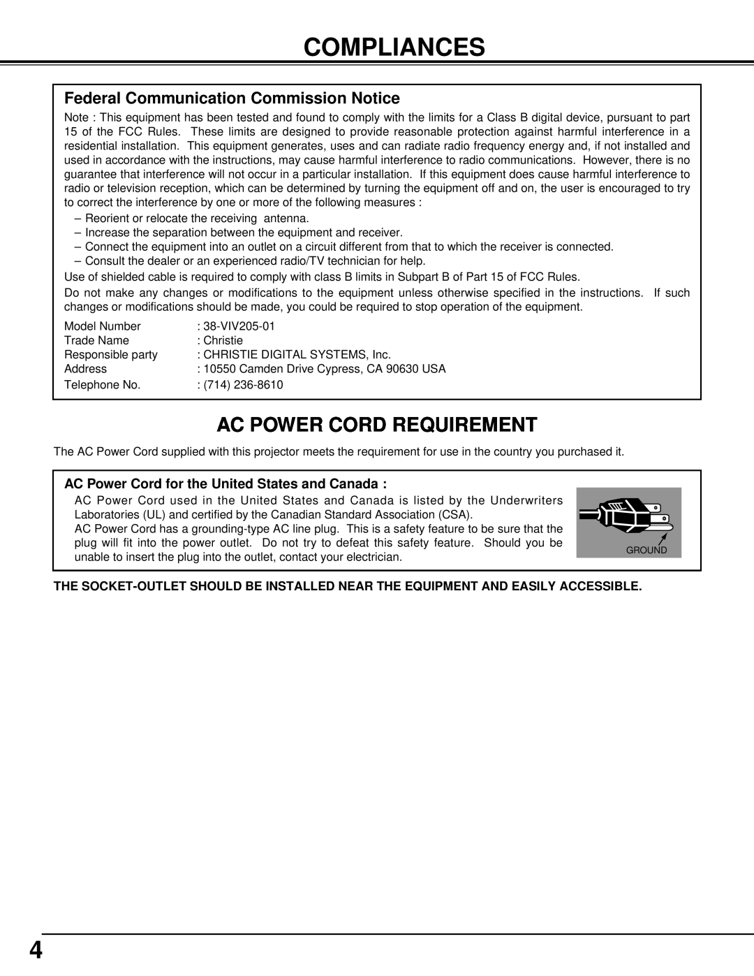Christie Digital Systems 38-VIV205-01 Compliances, Ac Power Cord Requirement, Federal Communication Commission Notice 