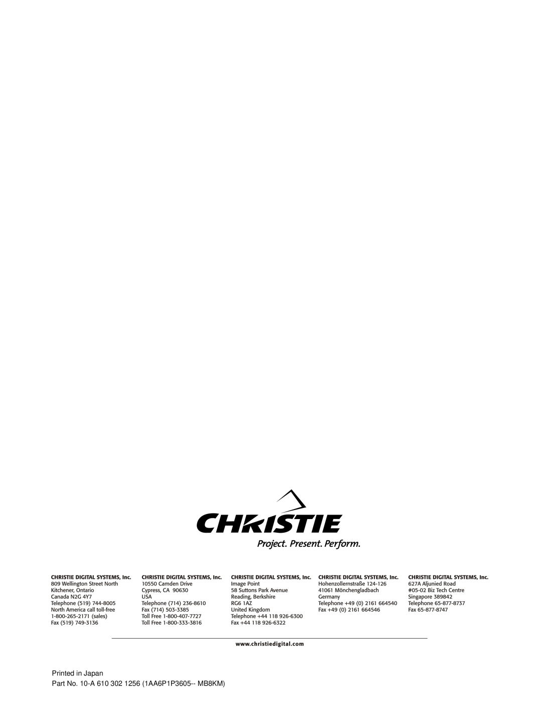 Christie Digital Systems 38-VIV205-01 user manual Printed in Japan Part No. 10-A 610 302 1256 1AA6P1P3605-- MB8KM 