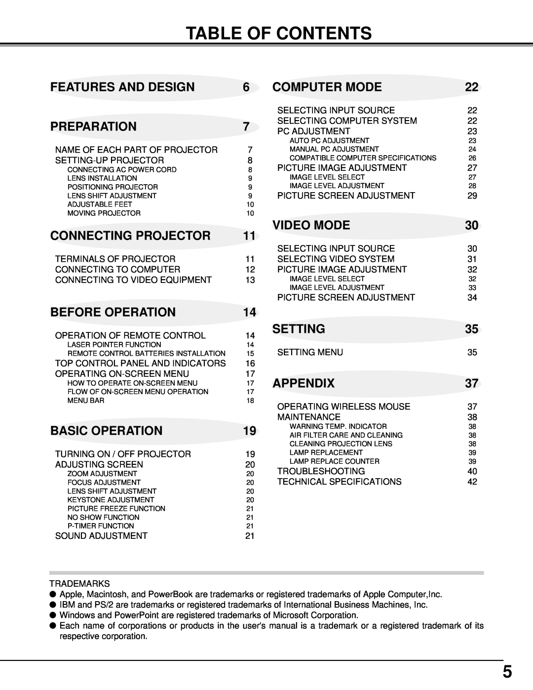 Christie Digital Systems 38-VIV205-01 Table Of Contents, Features And Design, Preparation, Connecting Projector, Setting 