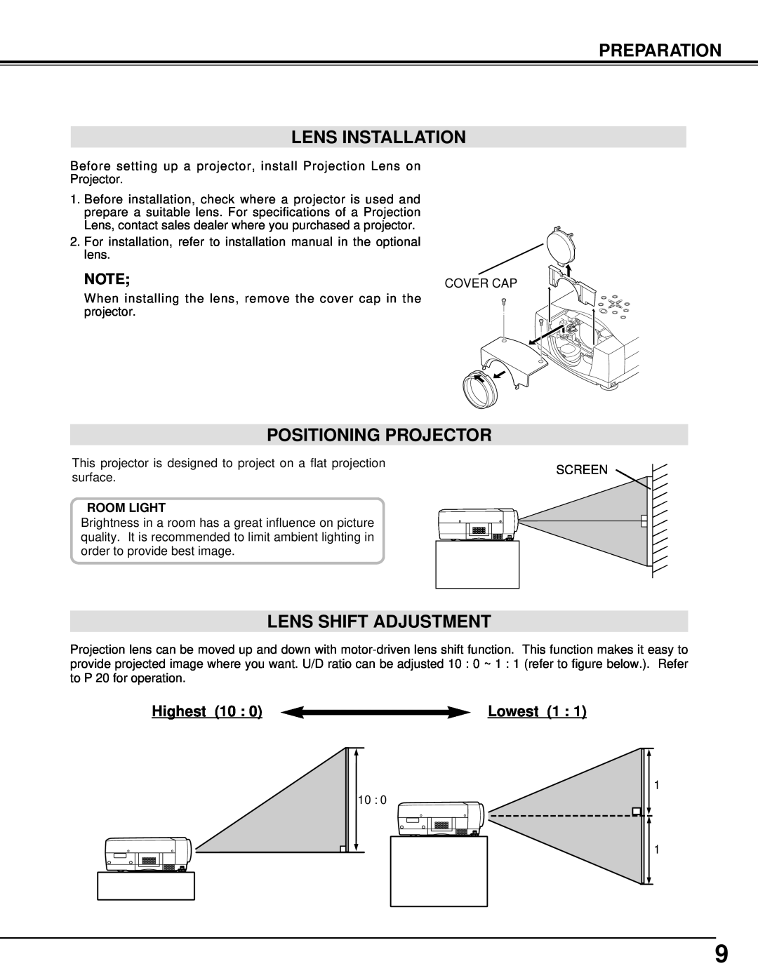 Christie Digital Systems 38-VIV205-01 Preparation Lens Installation, Positioning Projector, Lens Shift Adjustment 