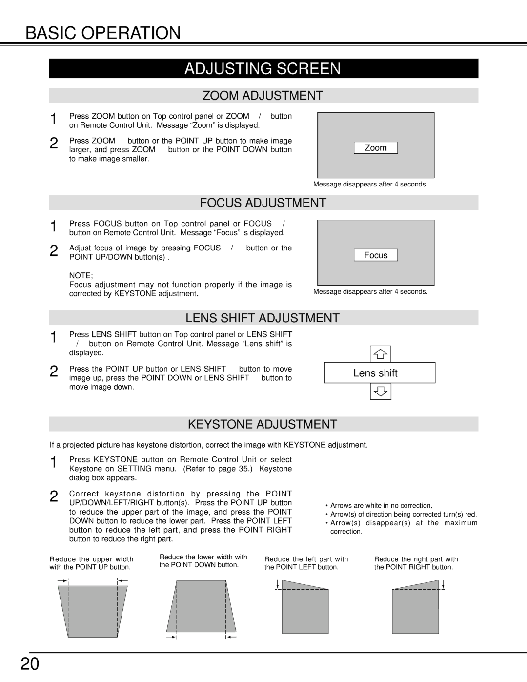 Christie Digital Systems 38-VIV206-01 user manual Basic Operation, Adjusting Screen, Zoom Adjustment, Focus Adjustment 