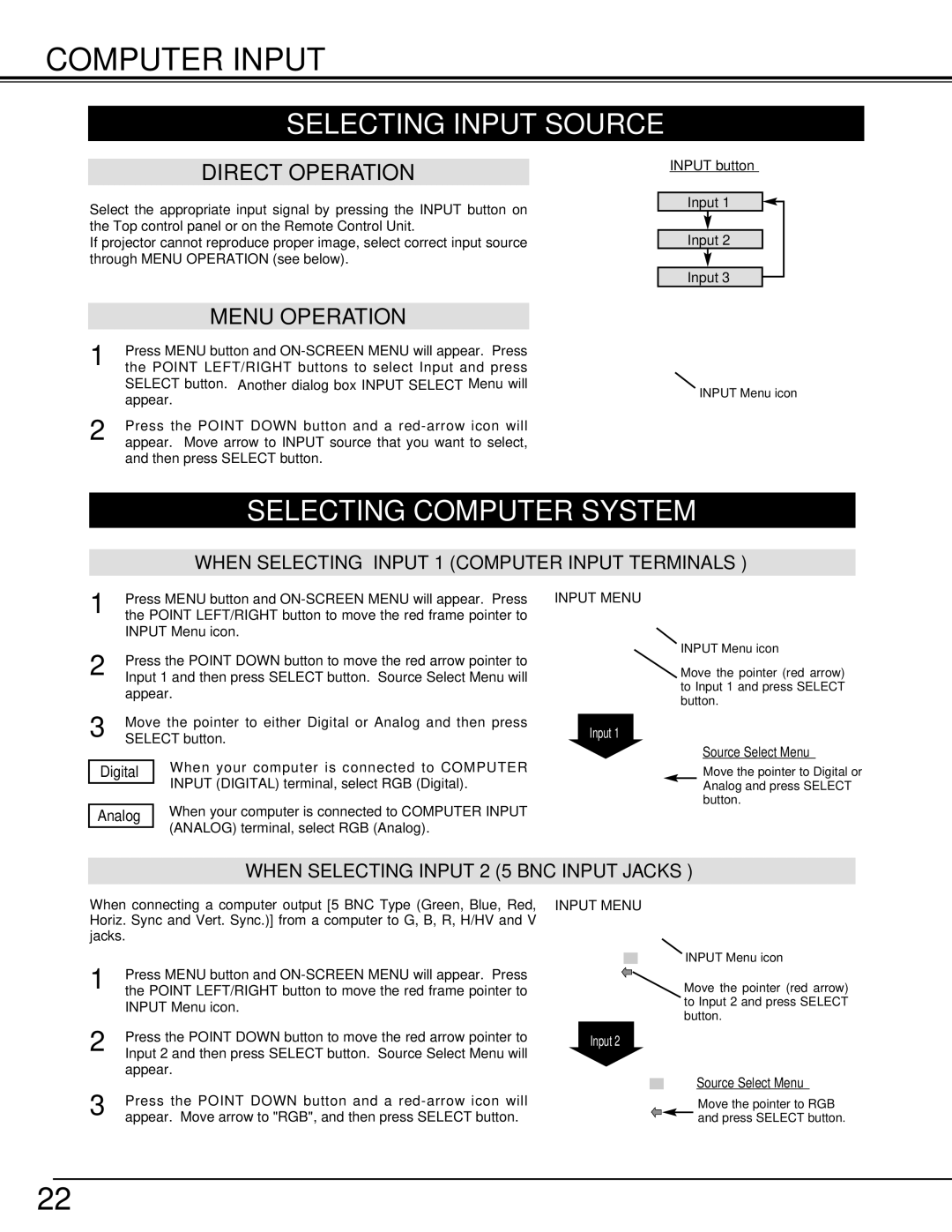 Christie Digital Systems 38-VIV206-01 Computer Input, Selecting Input Source, Selecting Computer System, Input Menu 