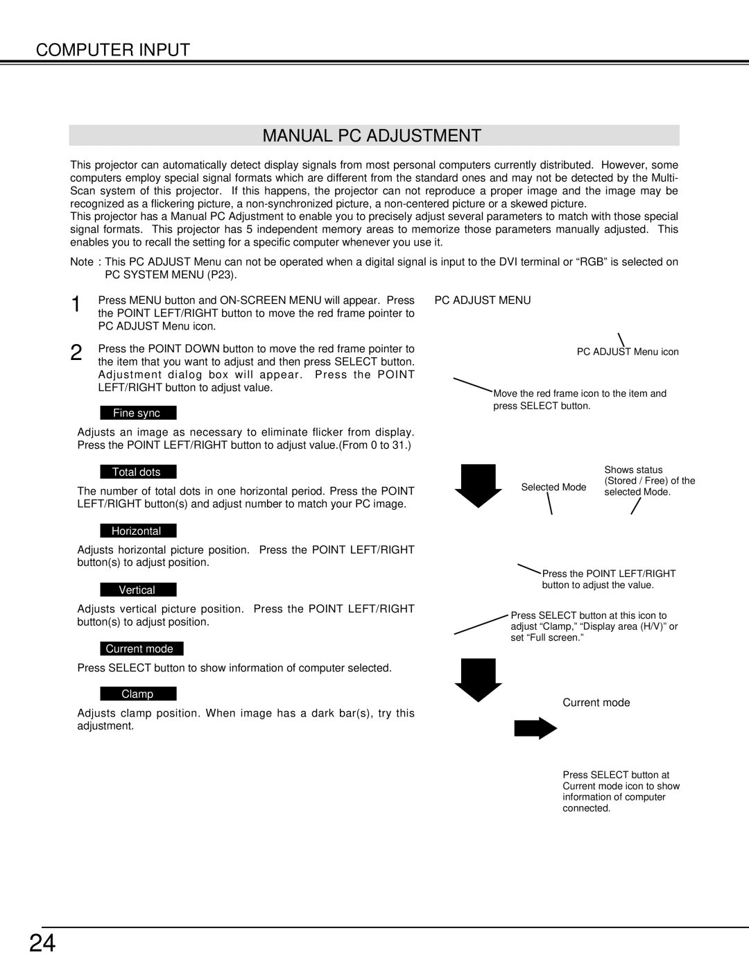 Christie Digital Systems 38-VIV206-01 user manual Computer Input Manual PC Adjustment 