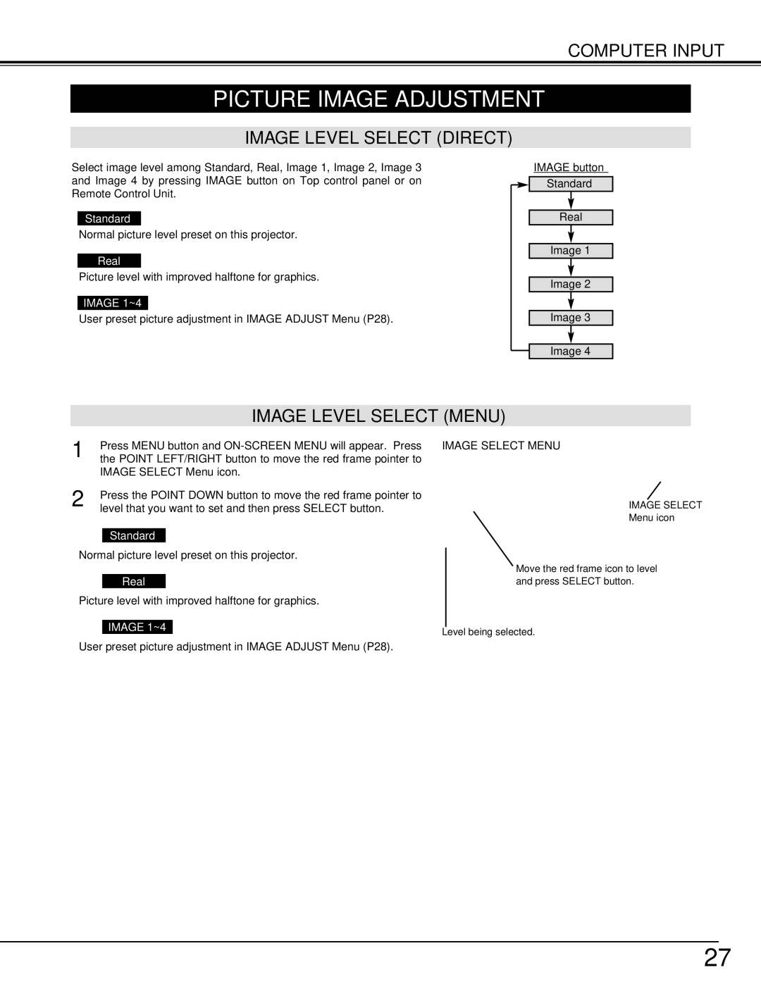 Christie Digital Systems 38-VIV206-01 Picture Image Adjustment, Image Level Select Direct, Image Level Select Menu 