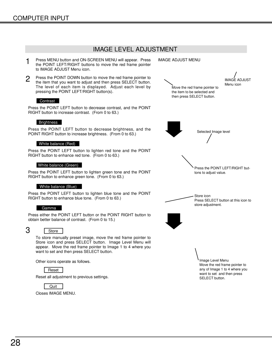 Christie Digital Systems 38-VIV206-01 user manual Computer Input Image Level Adjustment, Image Adjust Menu 