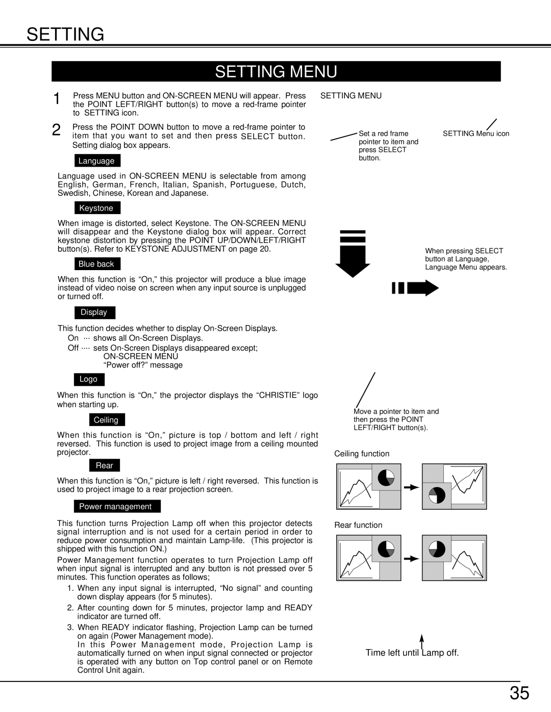 Christie Digital Systems 38-VIV206-01 user manual Setting Menu 