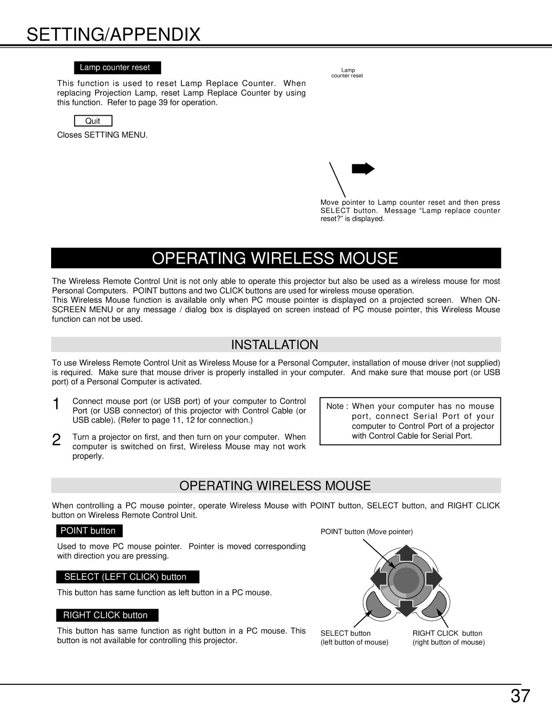 Christie Digital Systems 38-VIV206-01 Setting/Appendix, Operating Wireless Mouse, Installation, Lamp counter reset 