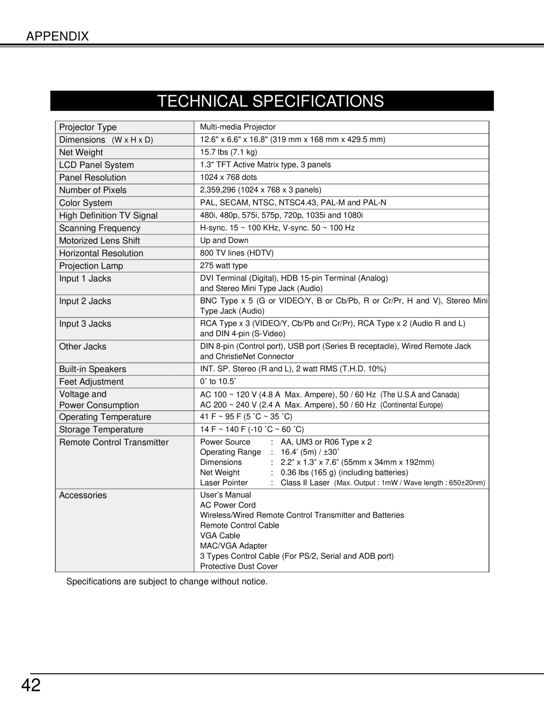 Christie Digital Systems 38-VIV206-01 user manual Technical Specifications 