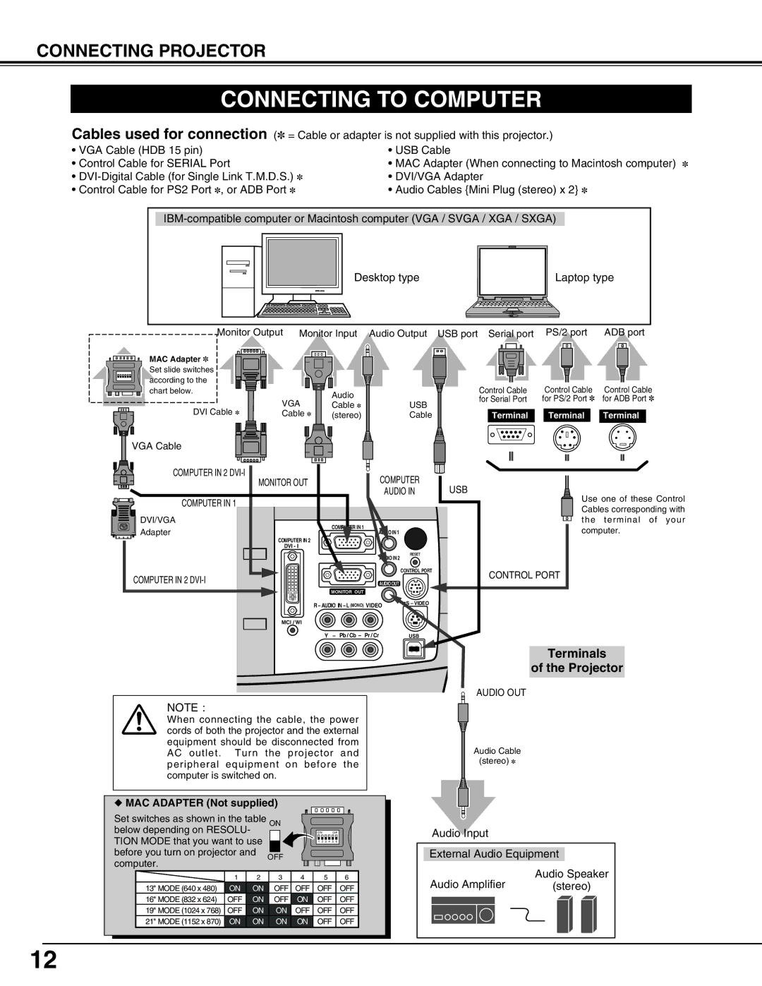 Christie Digital Systems 38-VIV207-01 user manual Connecting to Computer, Connecting Projector, Terminals 