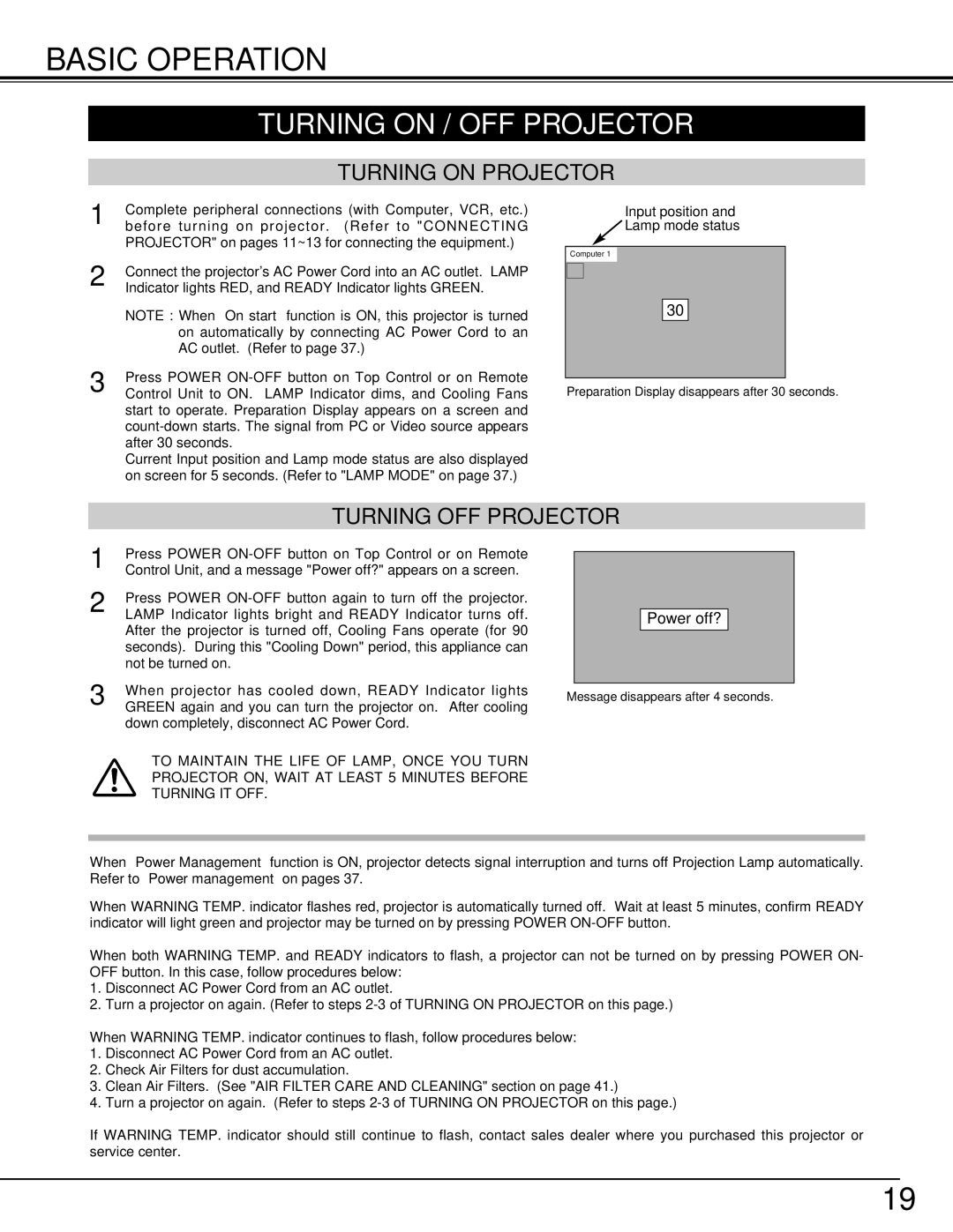 Christie Digital Systems 38-VIV207-01 user manual Basic Operation, Turning on / OFF Projector, Turning on Projector 