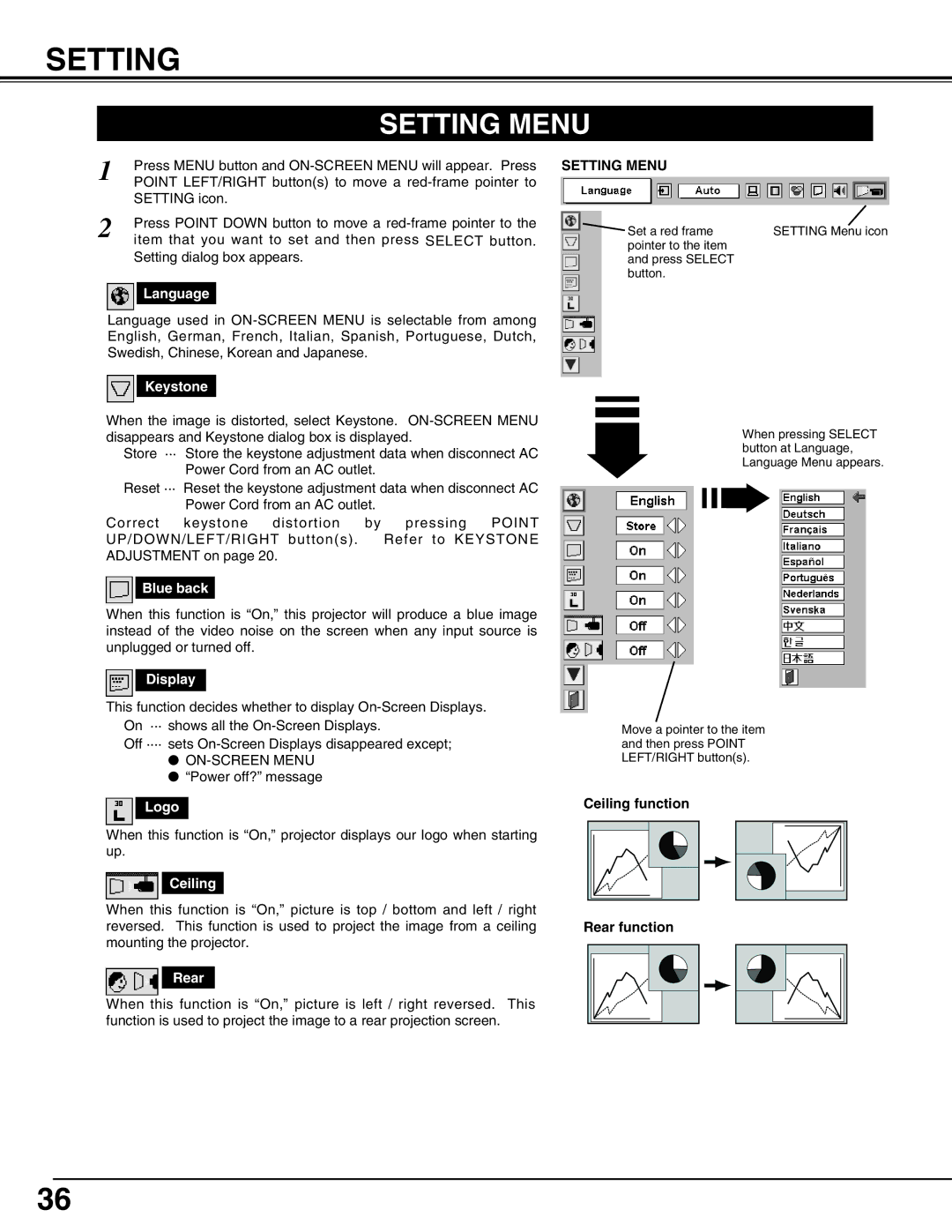 Christie Digital Systems 38-VIV207-01 user manual Setting Menu 