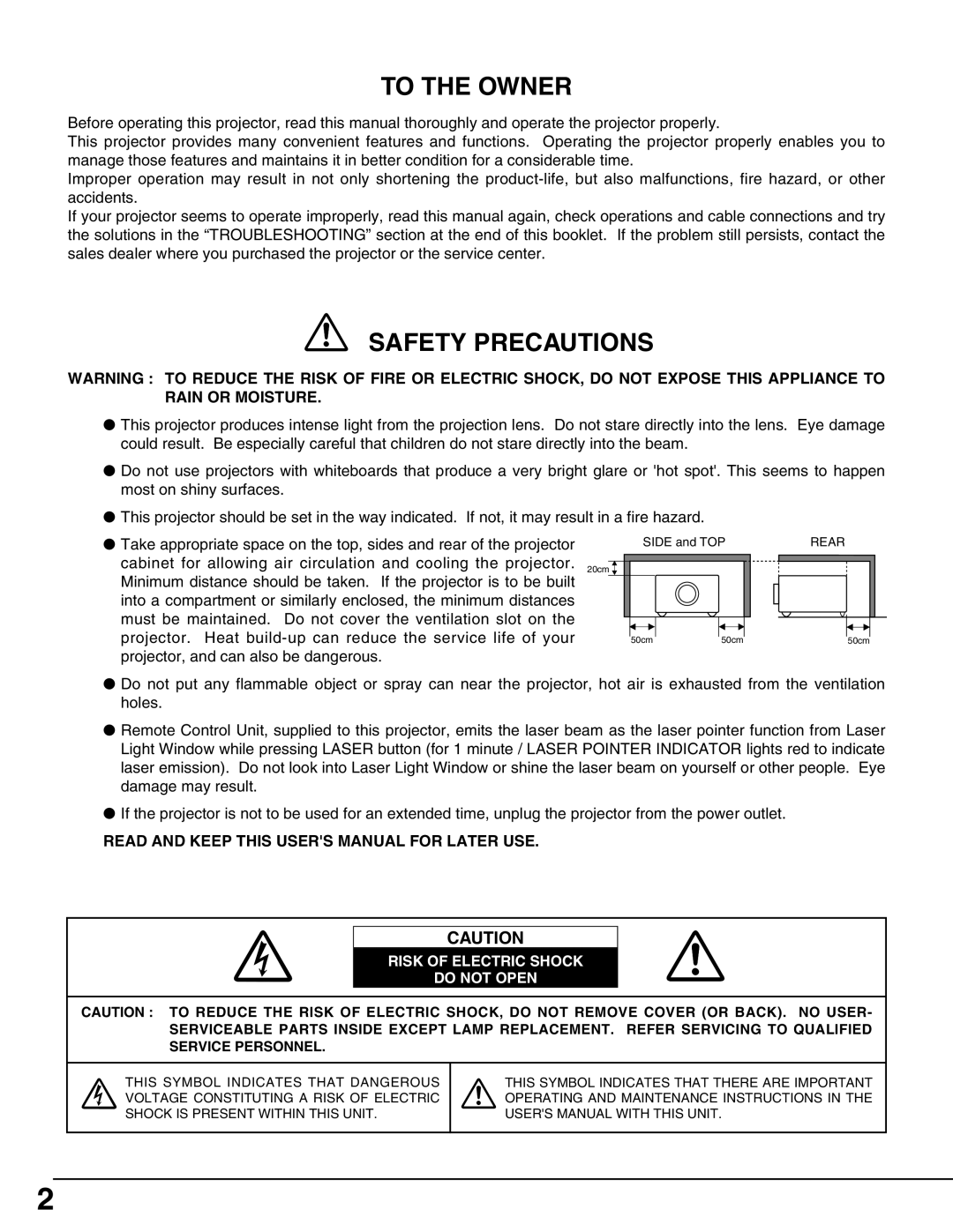 Christie Digital Systems 38-VIV207-01 To The Owner, Safety Precautions, Read And Keep This Users Manual For Later Use 