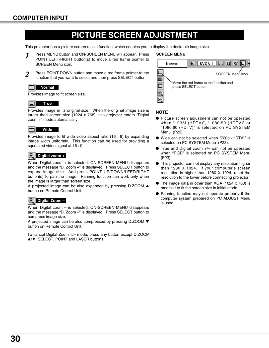Christie Digital Systems 38-VIV207-01 user manual Picture Screen Adjustment, Computer Input, Screen Menu 