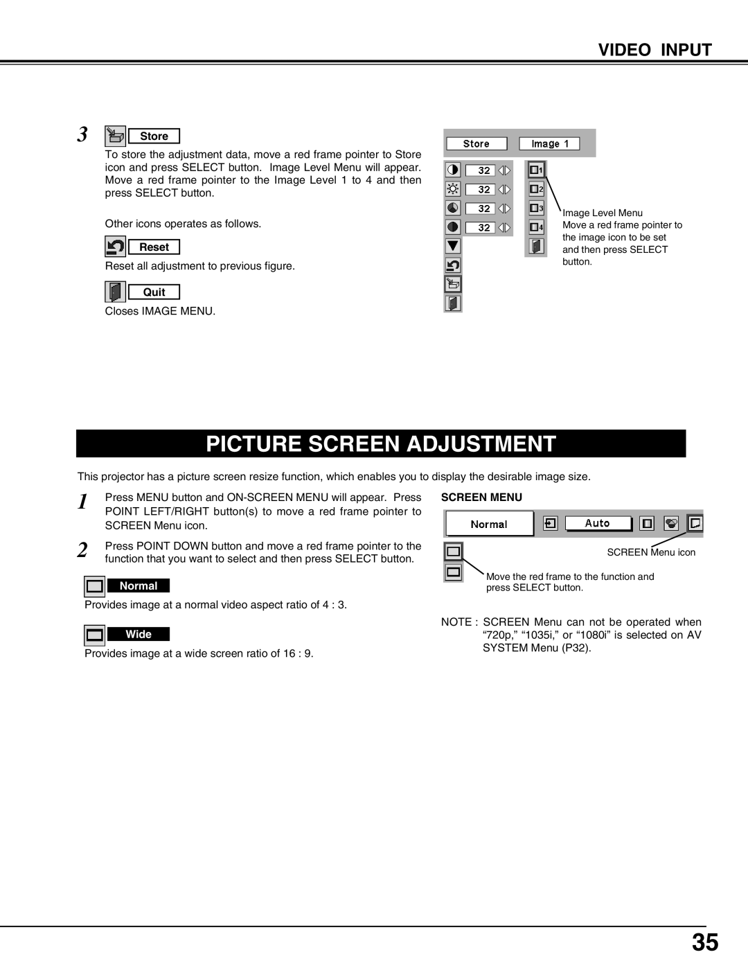 Christie Digital Systems 38-VIV207-01 user manual Picture Screen Adjustment, Video Input, Store, Reset, Quit, Screen Menu 