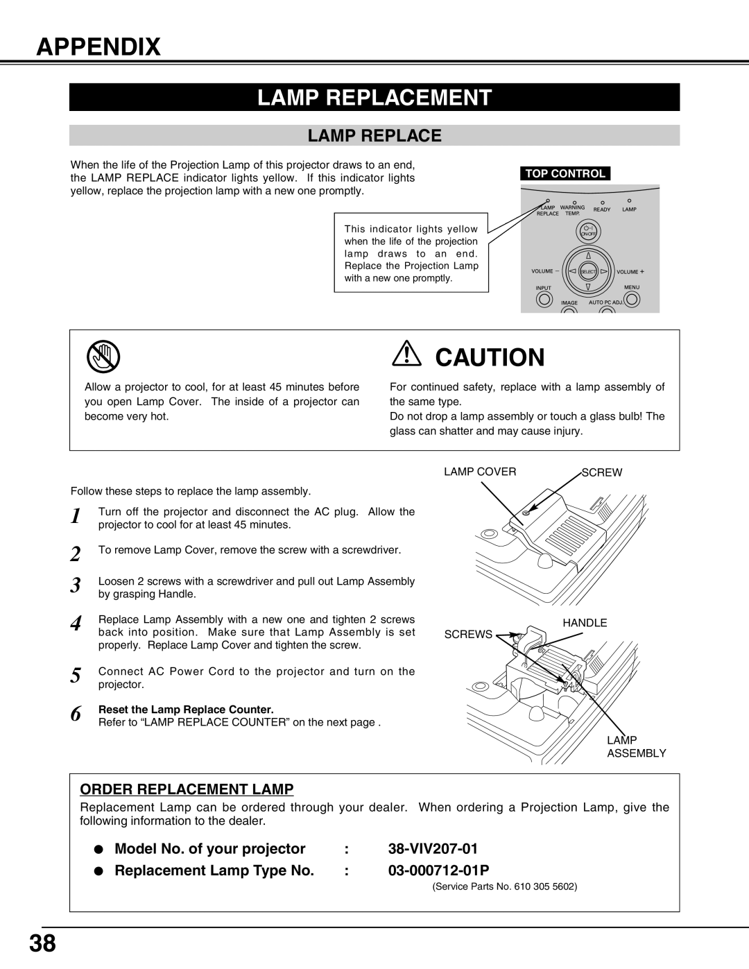 Christie Digital Systems 38-VIV207-01 user manual Appendix, Lamp Replacement, 03-000712-01P, Reset the Lamp Replace Counter 